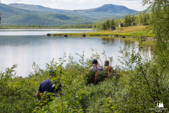 Jess McGlothlin Media. Three men carry young birch cuttings back to camp at Guenja Sami Ecolodge, Swedish Lapland.